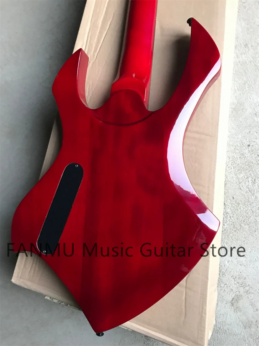 Trans red bass, 5-string bass guitar, maple neck Set In body, rosewood fingerboard colored snake inlay, black bridge