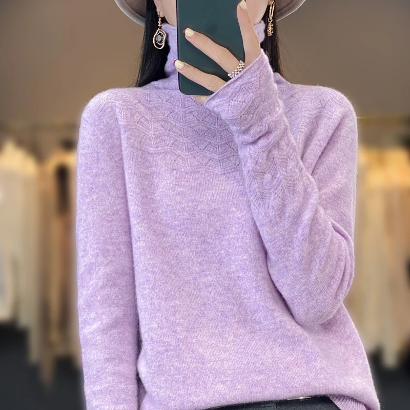 2023 Spring New Seamless Cashmere Sweater Women\'s Heap Neck Thread Hollow Knitted Top Fashion 100% Pure Wool Slim Fit  Pullover