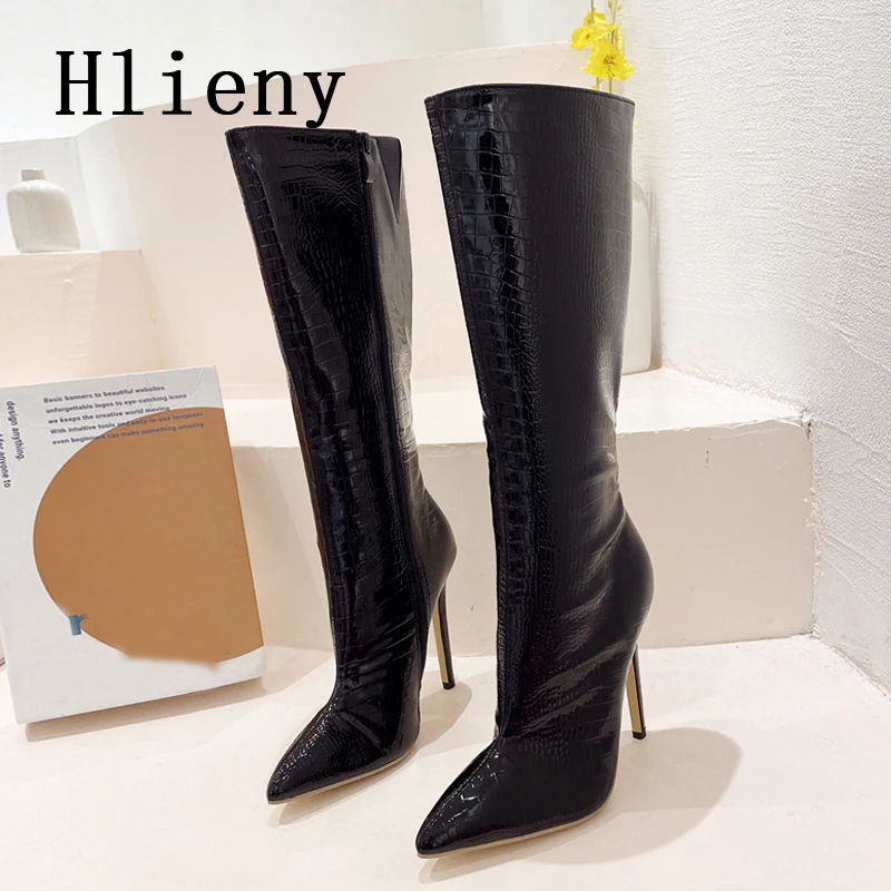 

Hlieny Design Black Pointed Toe Women Knee-High Boots 2024 Winter Party Dress Street Long Booties Thin High Heels Shoes