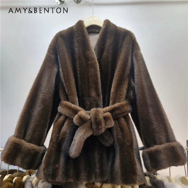 

Autumn Winter Korean Style Socialite Stand Collar Imitation Mink Furry Jacket Women's Warm Belted Waist Leather Faux Fur Coat