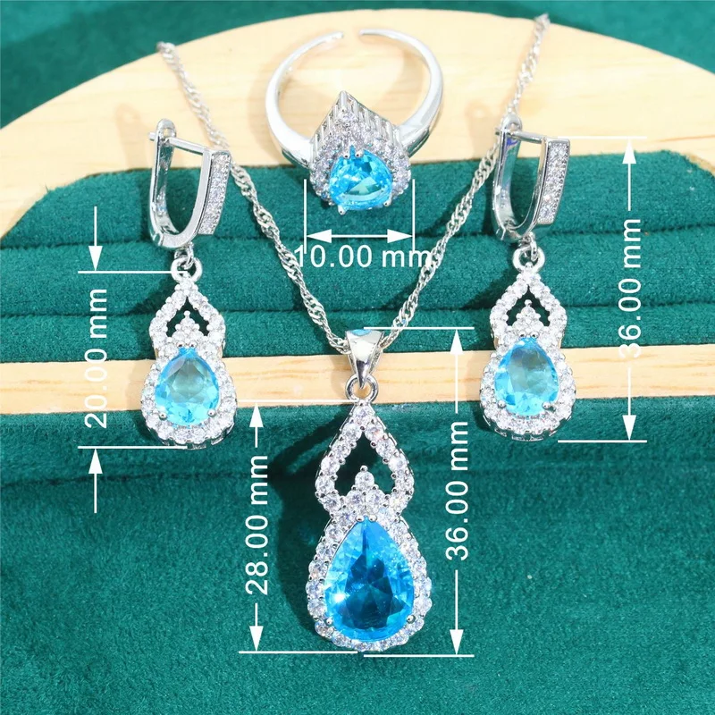 ドロップ型のシルバージュエリーセット,女性用,baby blue,red zircon,ネックレスペンダント,リングとブレスレット,ギフトの更新,925シルバー