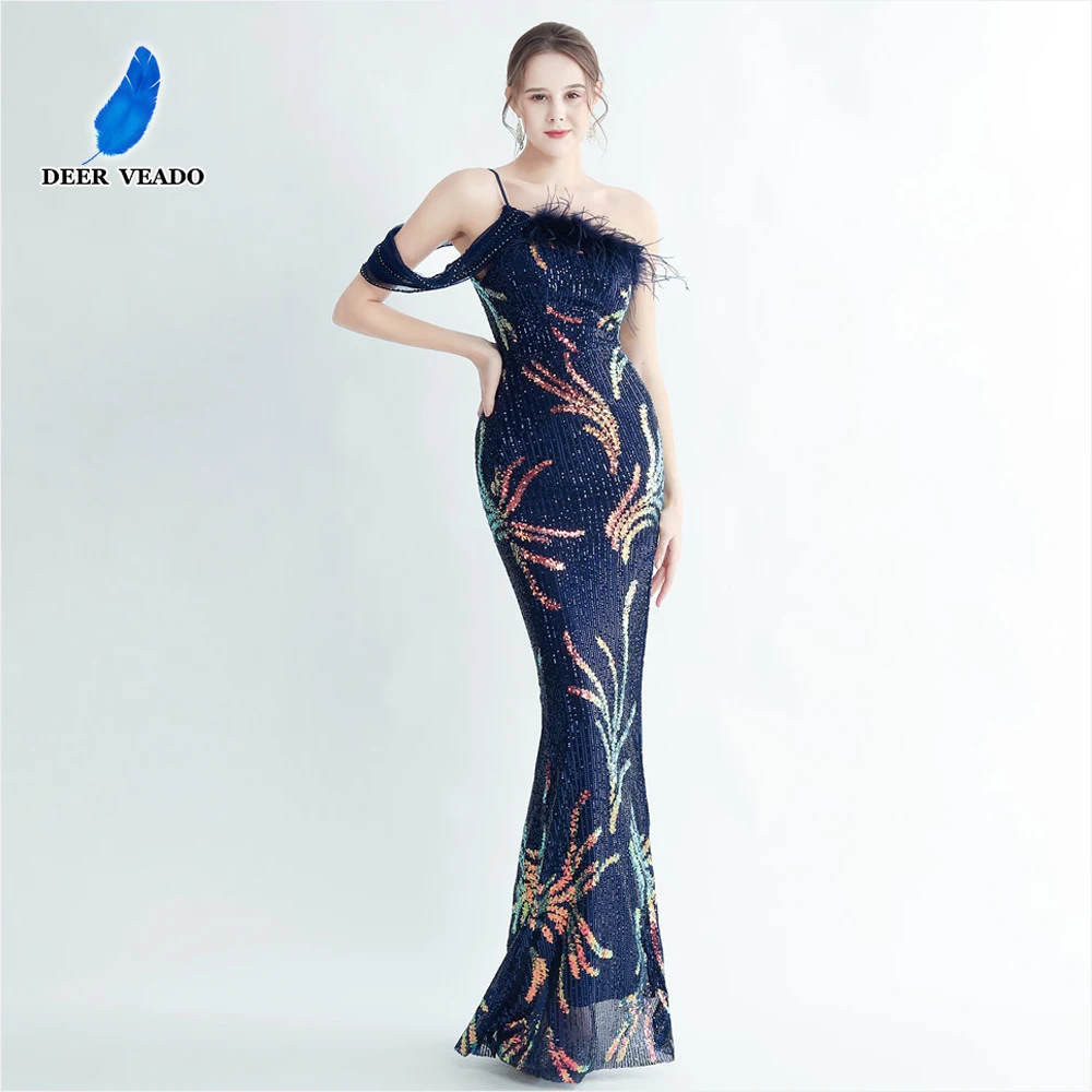 

DEERVEADO One Shoulder Mermaid Sequins Evening Dress Long Elegant Formal Party Maxi Dress with Feathers