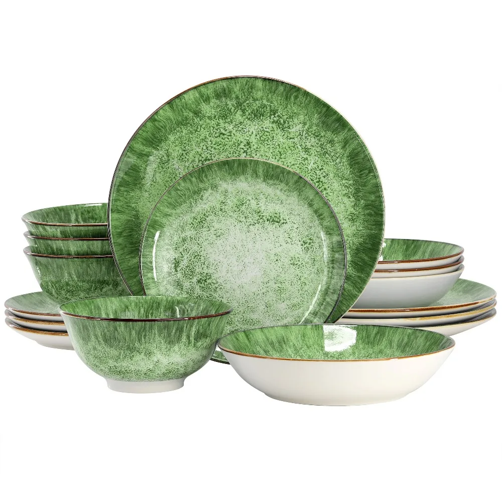 

Elama Oceanus 16 Piece Porcelain Double Bowl Dinnerware Set in Green