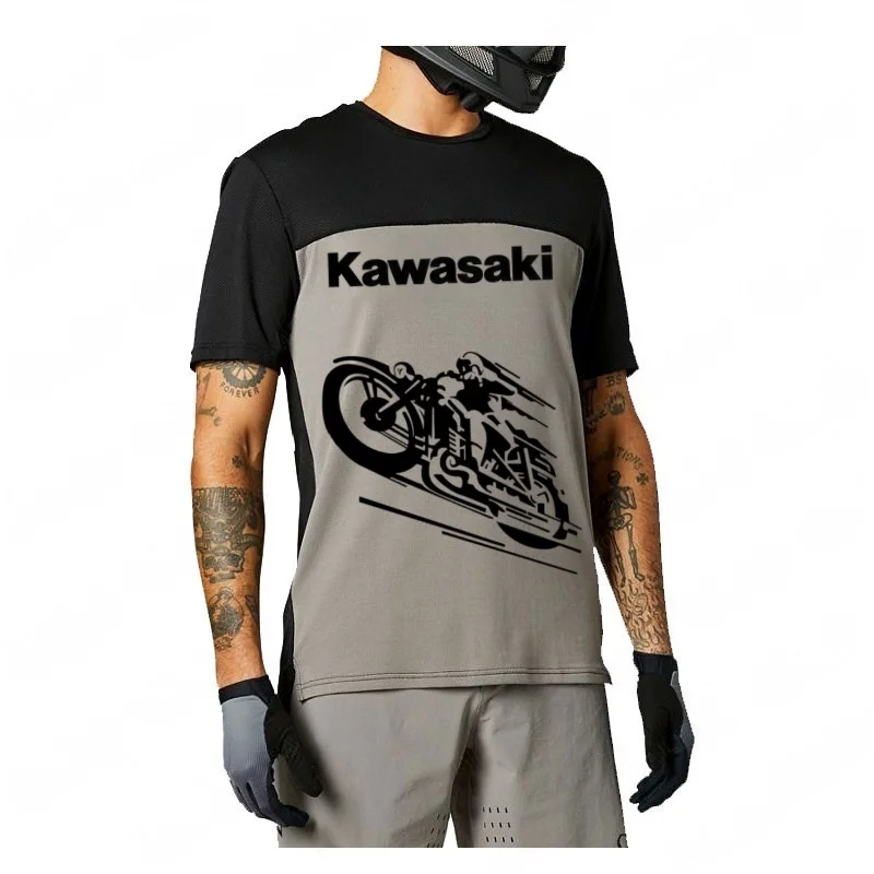 تي شيرت كاواساكي مطبوع ثلاثي الأبعاد، نوع التجفيف السريع المسامي، ملابس رياضية لسباق الدراجات النارية على الطرق الوعرة من Hilly