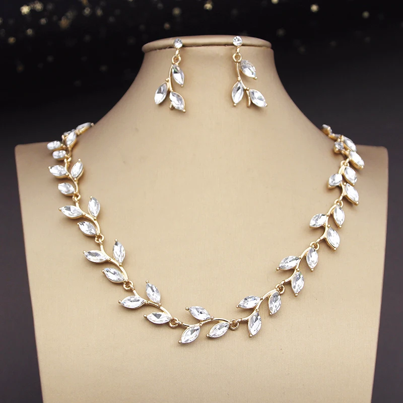 Crystal Bride Jewelry Sets for Women Luxury leaves Choker Necklace Earrings Wedding Dress Bridal Necklace Sets Fashion