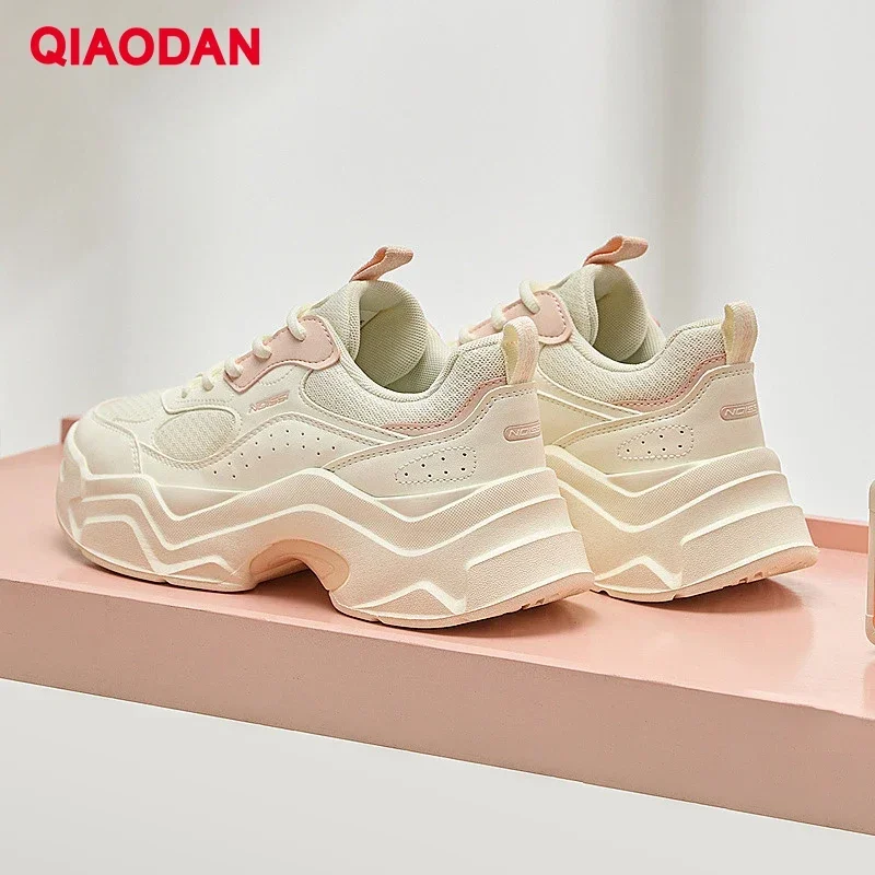 QIAODAN Casual Shoes for Women 2024 Thick Sole Heightening Sports Lightweight Dad Shoes Trendy Versatile Solid Shoes XM26240311