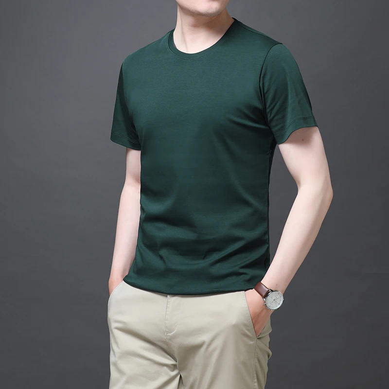 Mercerized Cotton Short-Sleeved T-Shirt Men's Round Neck Summer Business Leisure 80 Cotton Loose Solid Color Tops