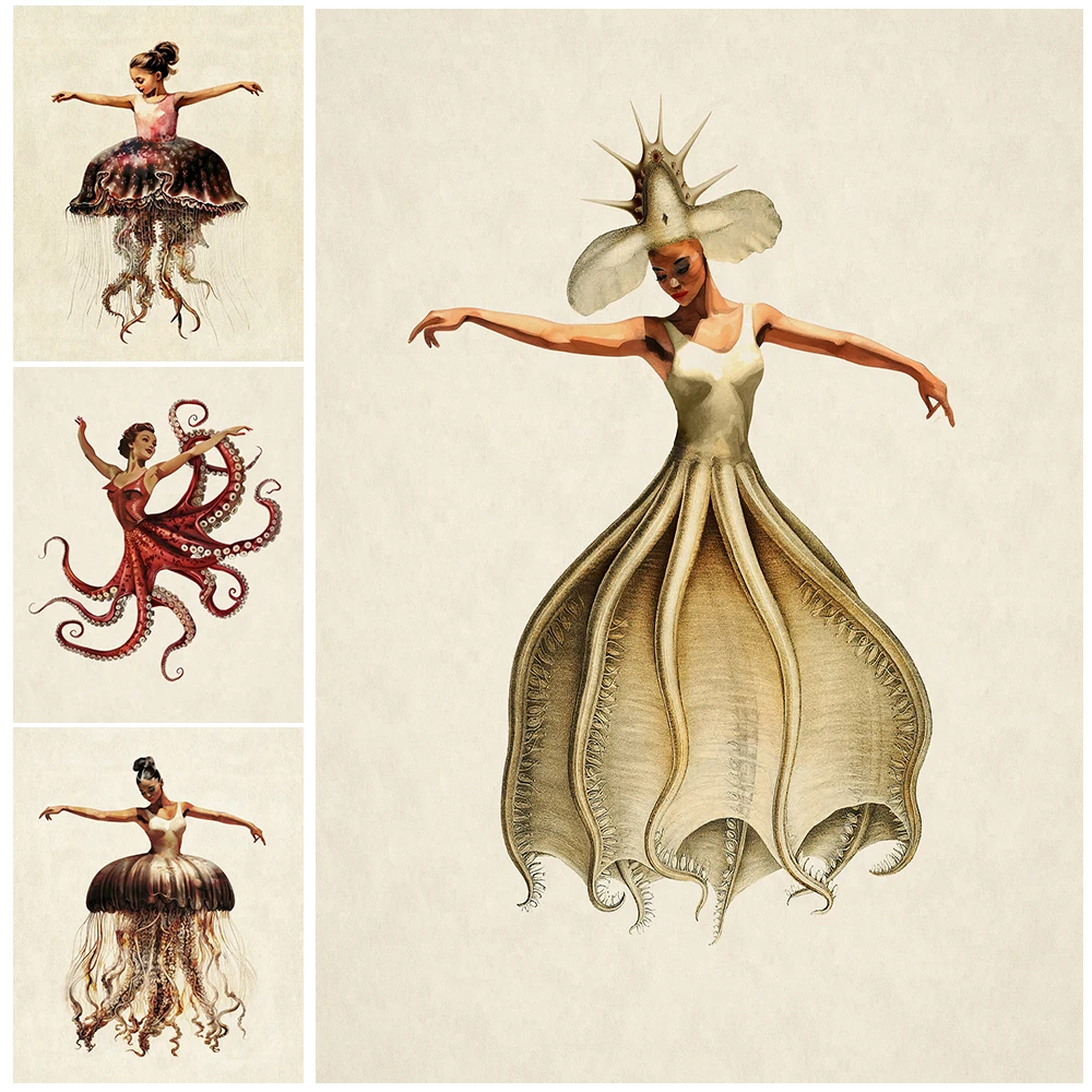Ballet Octopus Girl And Jellyfish Girl Vintage Wall Art Canvas Print,Dancing Squid Girl Surreal Fantasy Marine Life Art Poster