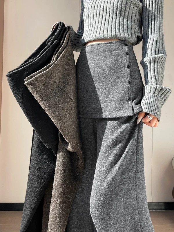 Authentic 2026 Autumn Winter Wide Leg Pants Two Piece Set Women's Micro Flared Pants High Waist Casual Wool Blend Polyester B...