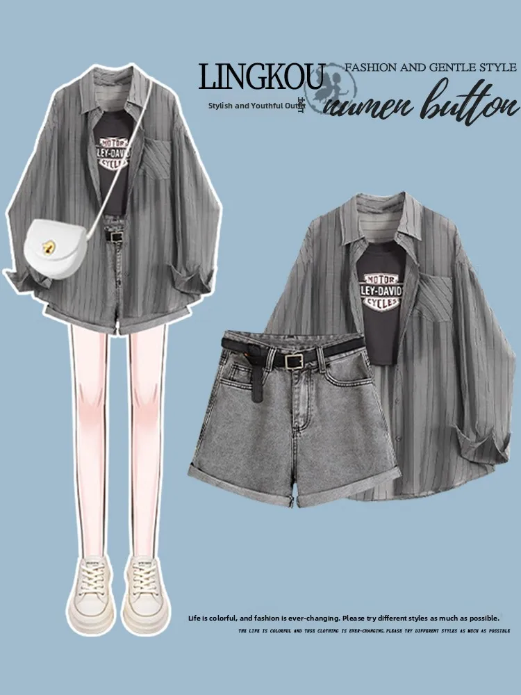 

Anti-Aging Large Size Women's Fashion Set Summer Sun Protection Long Sleeve Shirt with Slimming Jeans Shorts And Vest