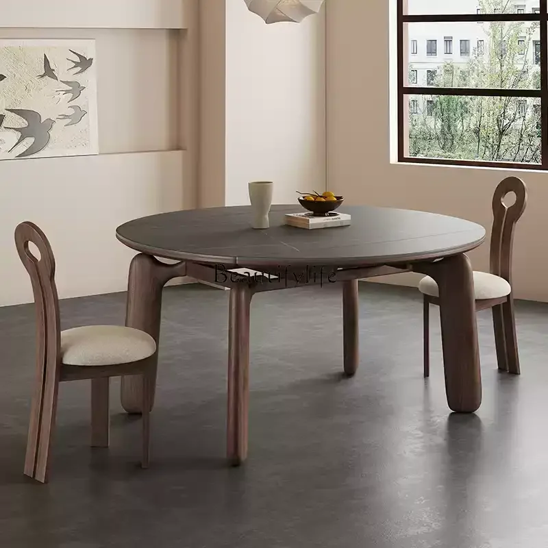 American folding solid wood dining table retractable square variable circle retro French medieval wabi-sabi style