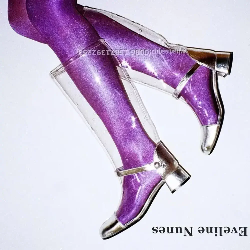 Bota hasta la rodilla con eje de vinilo transparente, punta redonda, tacones gruesos, correa con hebilla, botas sexis de media pantorrilla, sandalias de estilo fresco, tendencia 2024