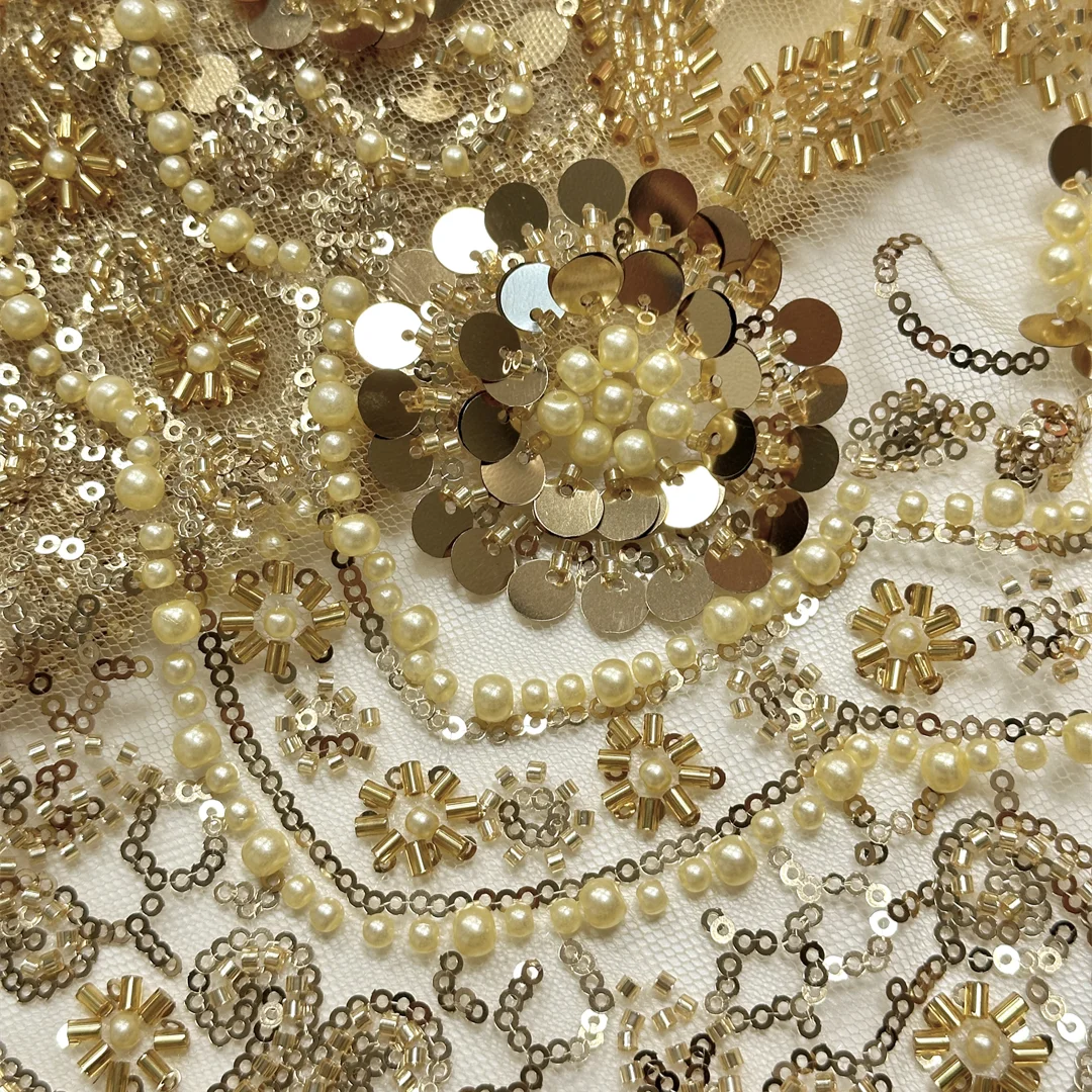 

Luxury Gold French Beaded Lace Fabric African Tulle Sequins Embroidered Material For Bridal Wedding Party Dress Sewing 1 Yards