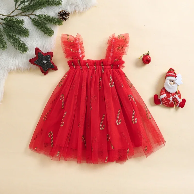 Kid Christmas Clothing Baby Girl Tulle Dresses Sleeveless Square Neck Candy Cane/Plaid Print Tutu Dress Toddler Princess Dress