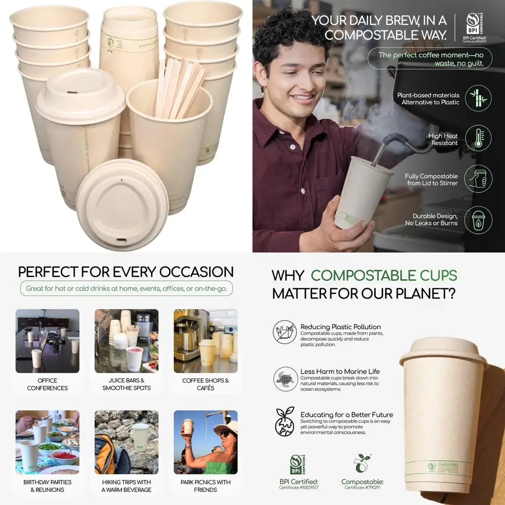 

16 oz Compostable Paper Cups with Bagasse Lids - 75 Pack, Leak-Proof, Plant-Based CPLA Cups for To-Go Drinks