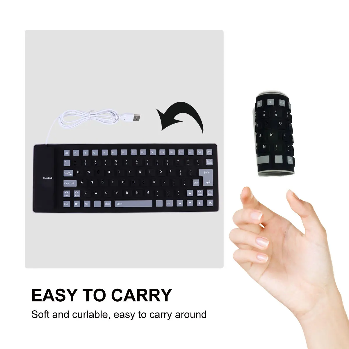 85키 롤업 USB 키보드 방수 무소음 긴 수명 15만 클릭 컴퓨터용 블랙 롤업 키보드 컴퓨터