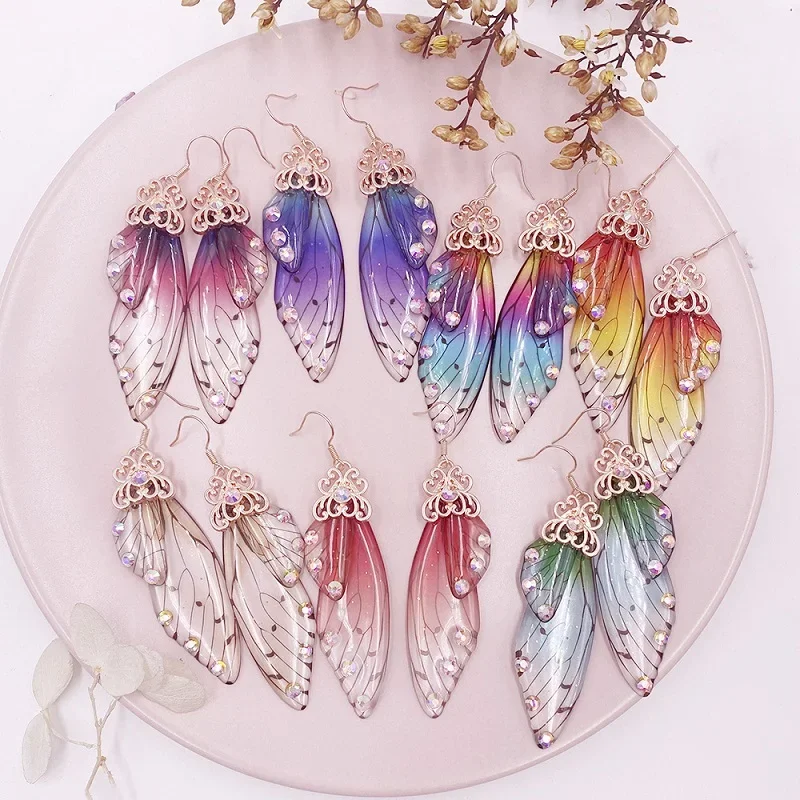 Minar Fairy Rainbow Gradient Resin Simulation Wing Earring Foil Rhinestone Butterfly Dangle Earrings Handmade Wedding Jewelry