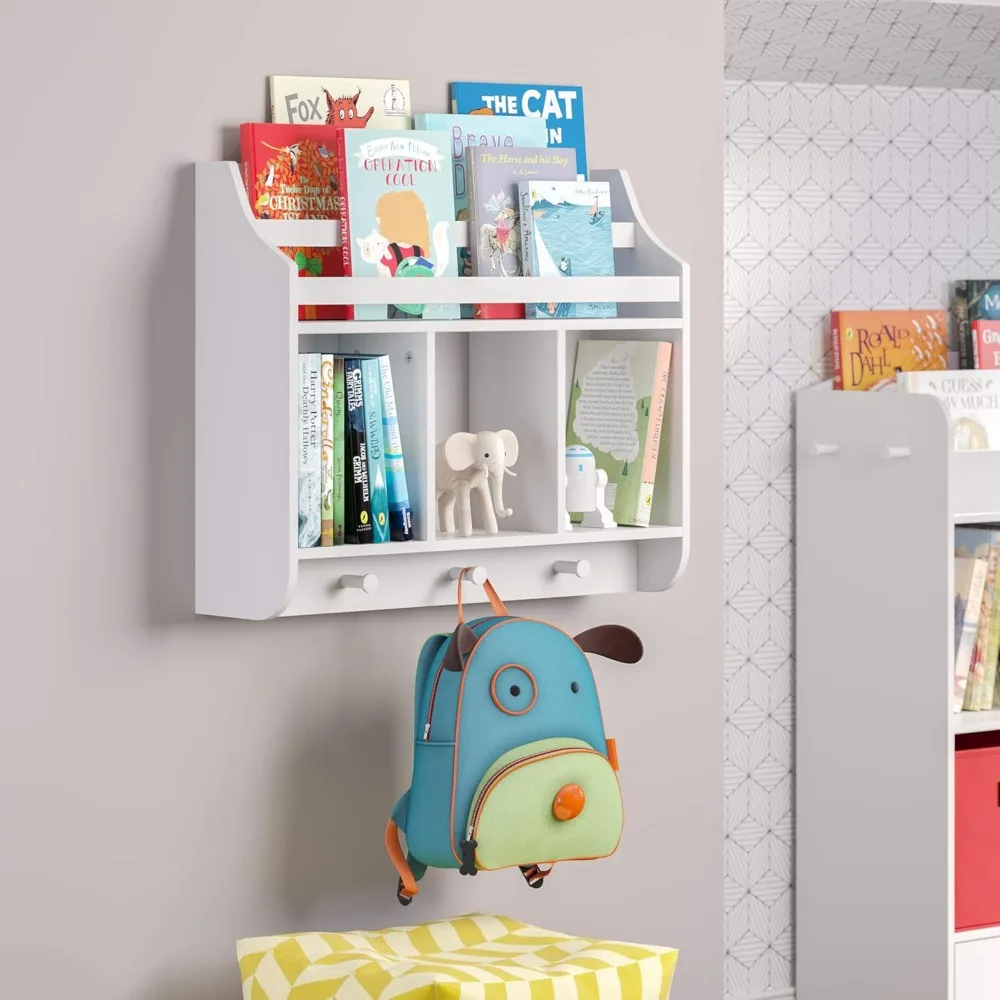 Kids Bookshelf with 3 Cubbies & Hooks - Book Nook Wall Bookshelf for Kids' Rooms Storage Display Rack for Toys and Games