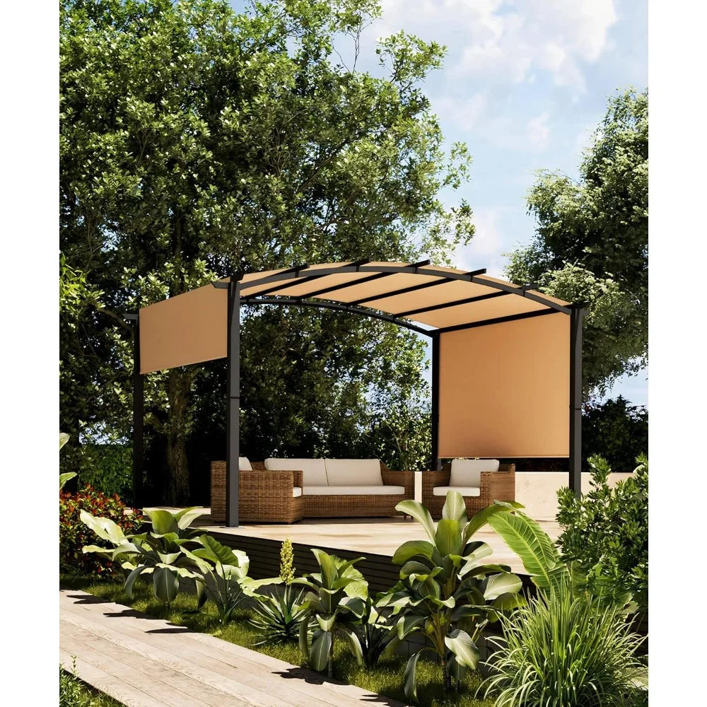 

12' x 9' Outdoor Arched Pergola, Metal Pergola with Retractable Sun Shade for Backyards, Lawn, Patios (Khaki)