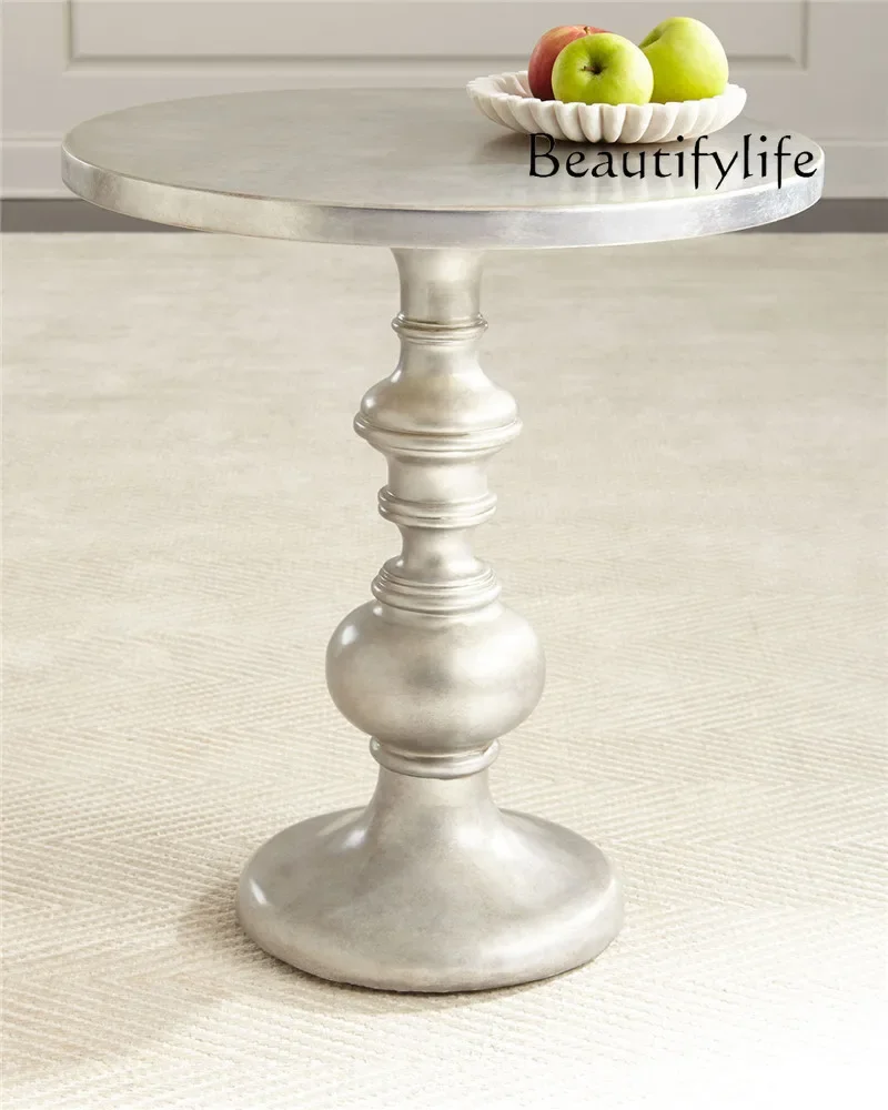 J الخشب الصلب طاولة مستديرة صغيرة غرفة نوم الإبداعية الأوروبية الرجعية الفضة طاولة القهوة غرفة المعيشة أريكة طاولة الزاوية المستديرة #2