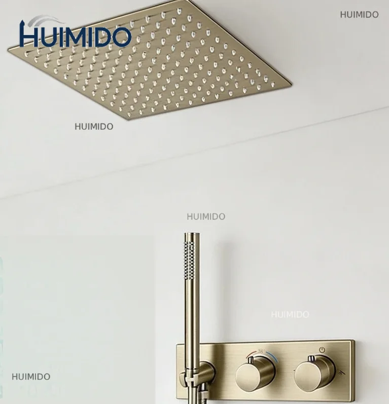 Brushed Gold Concealed Wall Shower Thermostatic System Bath Rainfall Bathroom Embedded Shower Faucet Set with Tub Spout