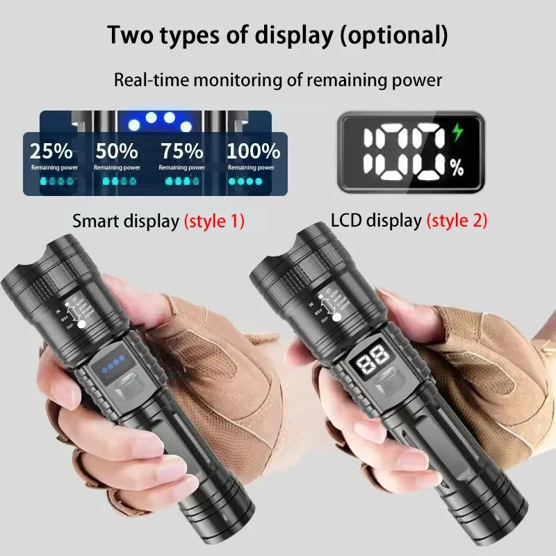1500000LUM LED Flashlight High Power Type-C Rechargeable Torch Zoomable Light for Outdoor Camping Hiking Lamp Emergency Lantern