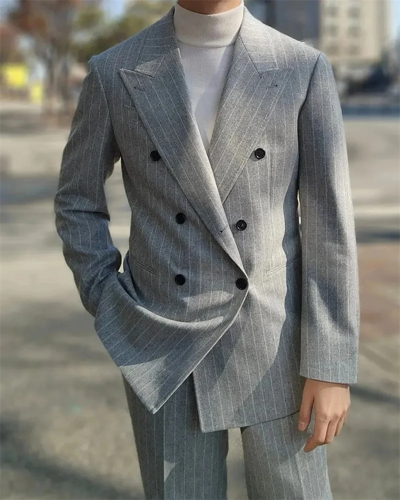 Grey Pinstripe Men Suits Set Formal Office Wedding Tuxedo 2 Pcs Blazer+Pants Custom Made Party Jacket Prom Dress Male Coat