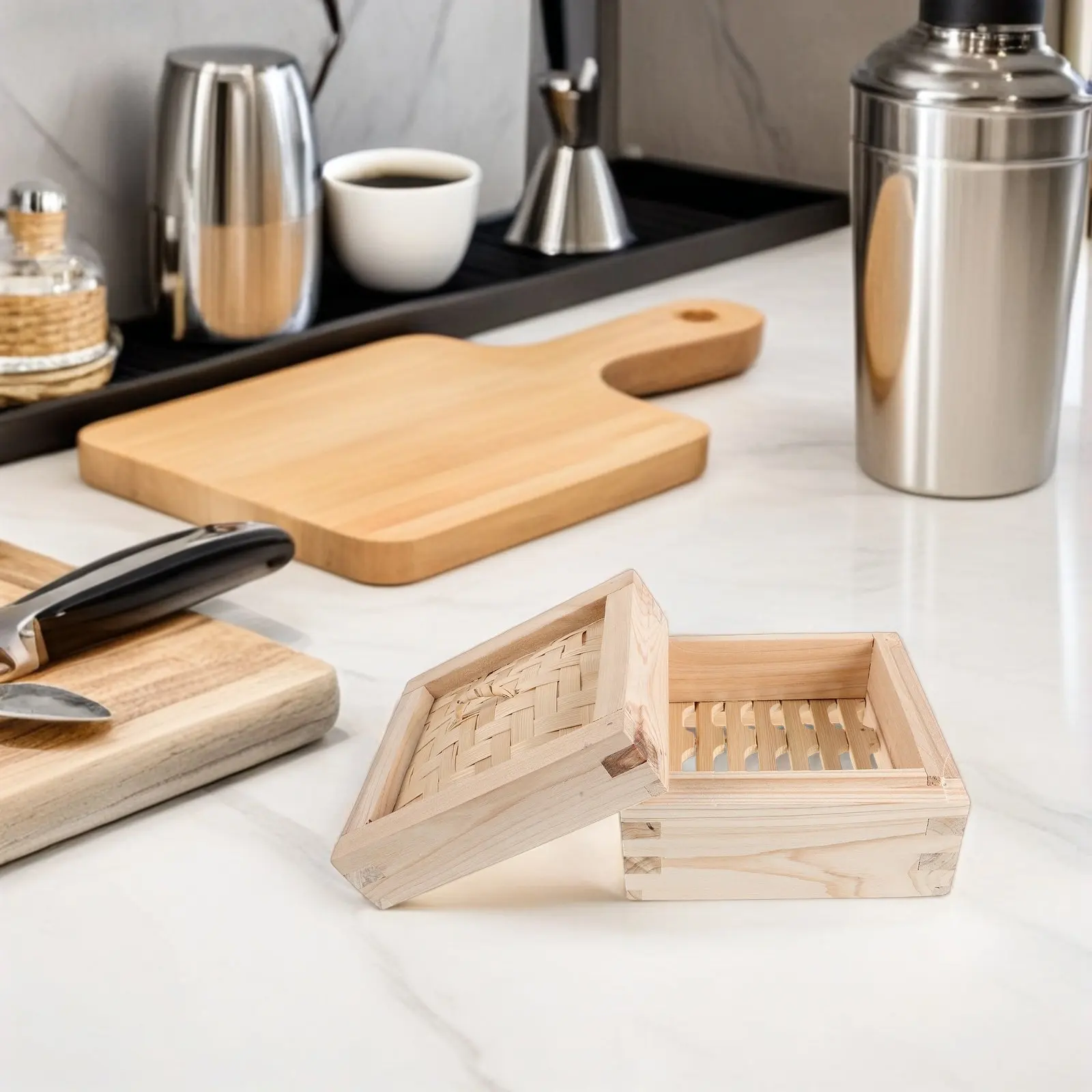 Chinese Food Steamer Square Stackable Wooden Basket 15Cm Traditional Dim Sum Tray Secure Lid Dumpling Bao Bun Steamer Basket