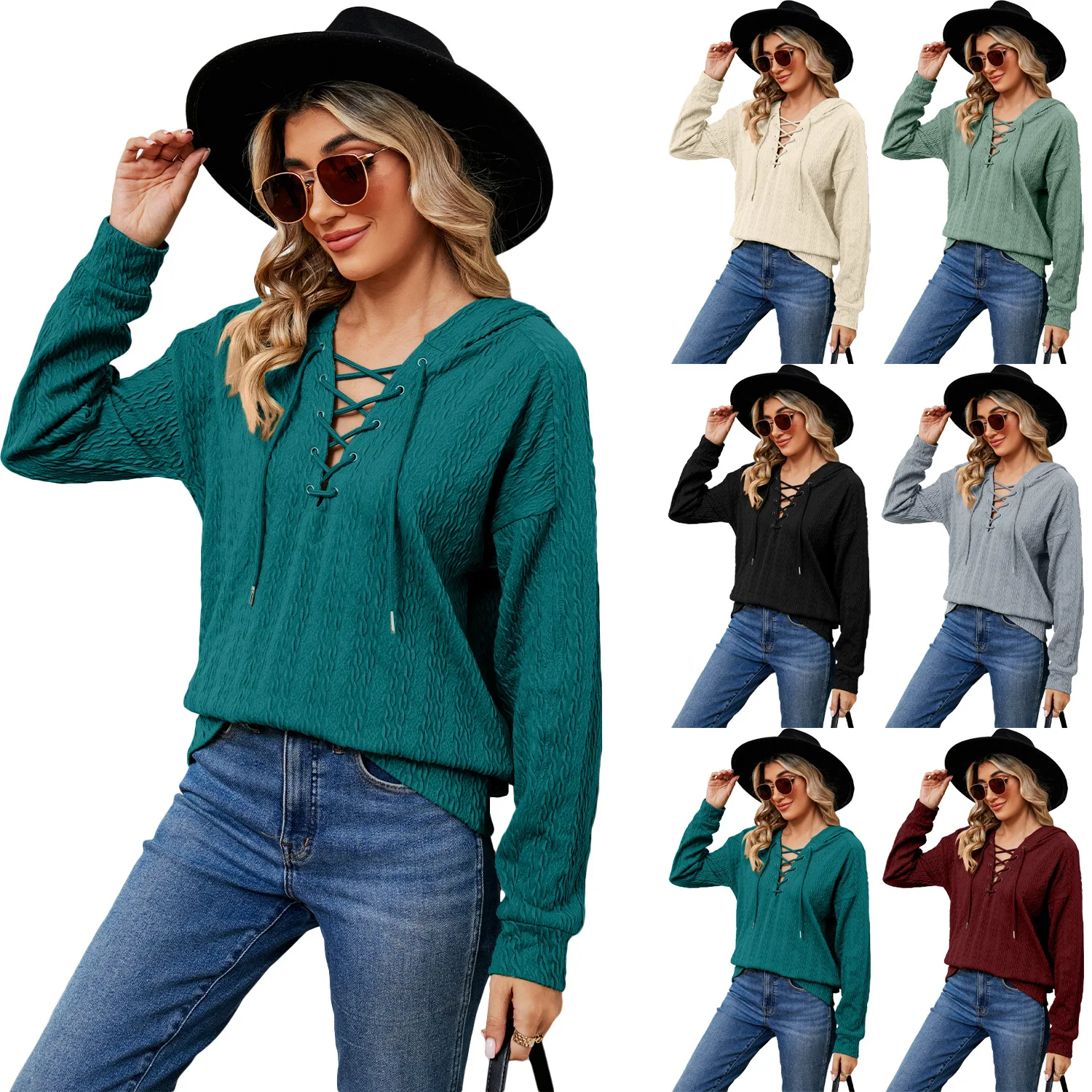

italian design women's solid hooded hoodie women 2024 autumn and winter new neckline lace-up long-sleeved blouse