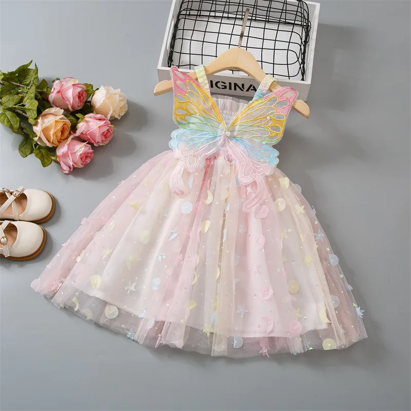 Girls Spaghetti Strap Summer Fluffy Tutu Skirt With Colorful Wings Sweet Princess Tulle Dress Holiday Birthday Party Casual Wear