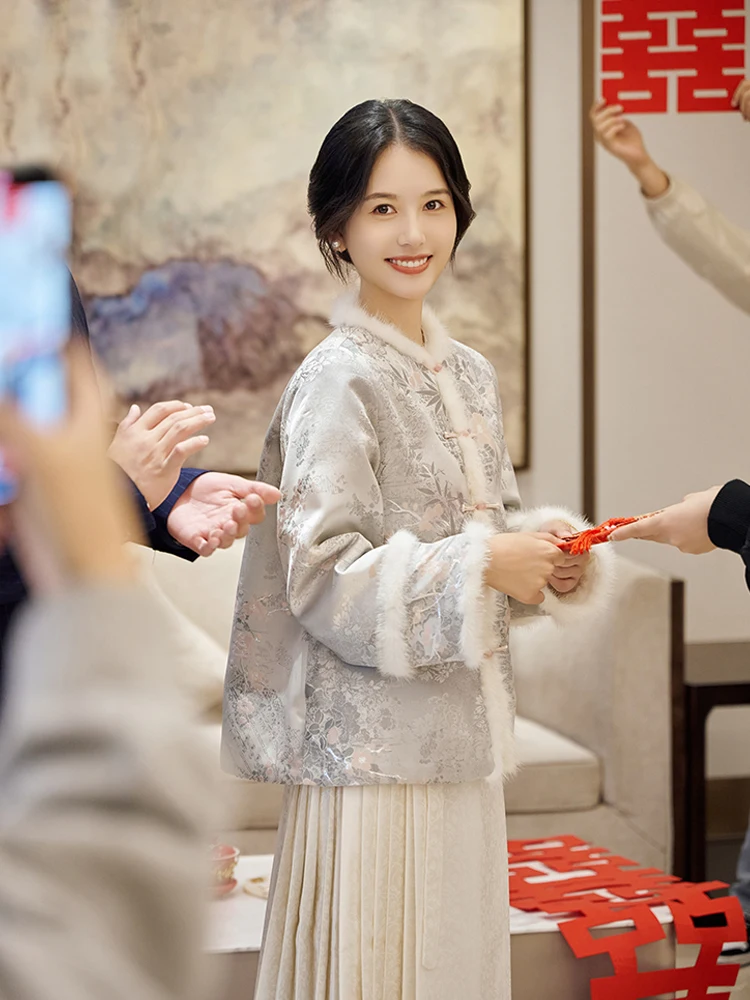 

New Chinese Sle Wedding Coat Women's Outerwear Cotton Padded Jaet Autumn Winter Faionable Traditional Print Stand Collar