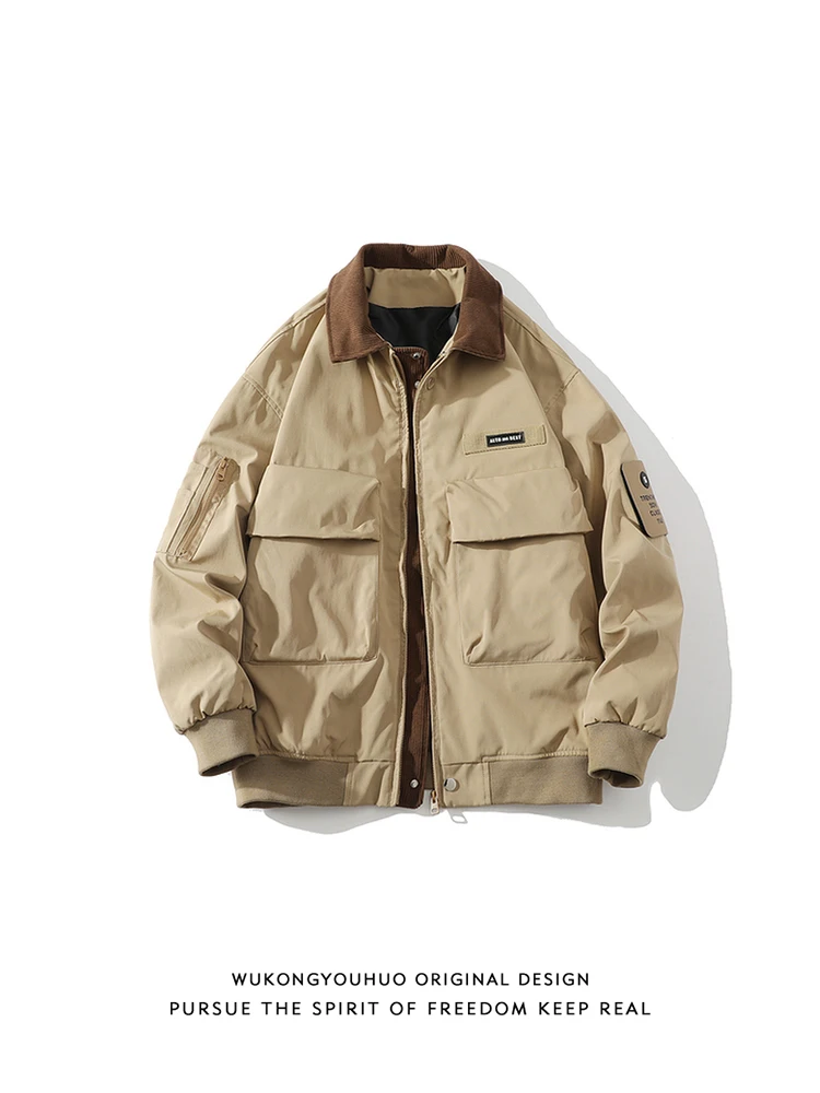 

Повседневная свободная мужская куртка с большими карманами, в стиле ретро, с воротником в рабочем стиле, весенняя, модная, брендовая, молодежная, популярная верхняя одежда