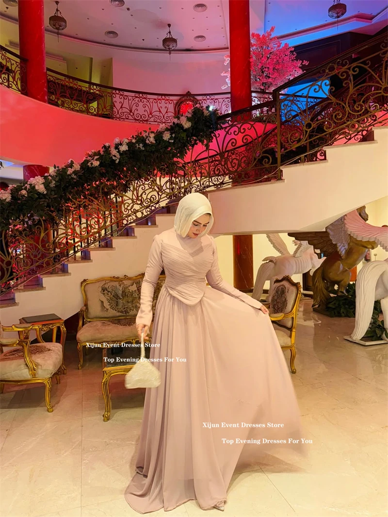 Suknie wieczorowe Xijun Modest Chiffon A-Line z długimi rękawami, Dubajskie muzułmańskie suknie balowe, długie do podłogi, formalne okazje, suknie balowe szyte na miarę