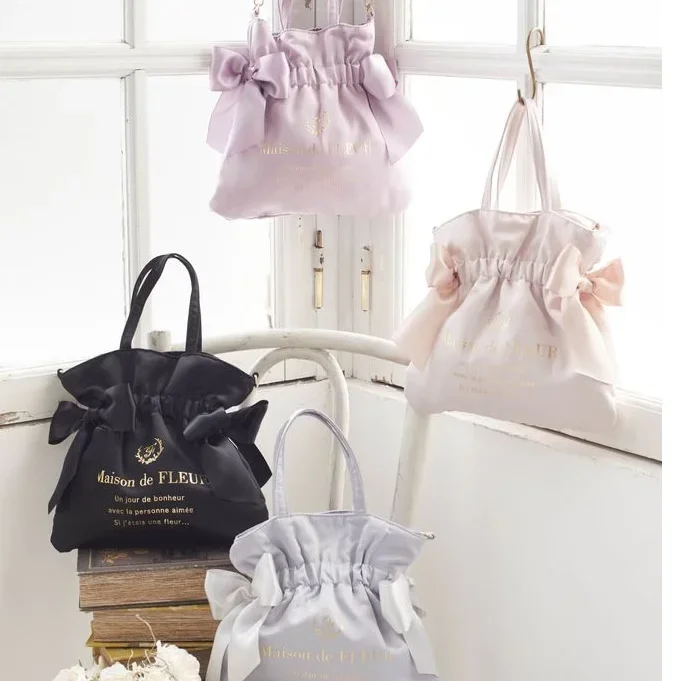 Japanese New Satin Double Bow Portable Shoulder Crossbody Women Bags with Long Shoulder Straps Sweet Letters Tote Bags