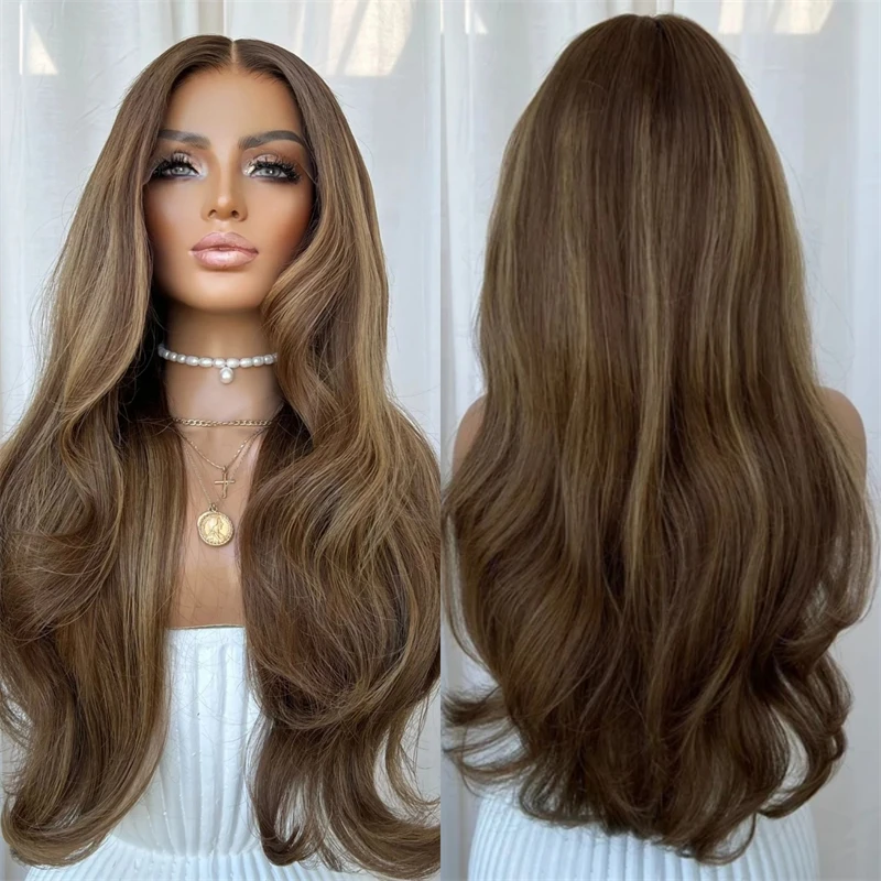Natural Wave Wig Ombre Brown with Blonde Streaks Synthetic HD Lace Front Wig Small Large Size Cap Glueless Preplucked Hairline