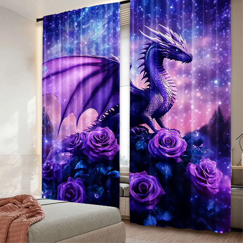 

2Pcs Dragon Curtain Starry Sky Rose Flower Curtain Purple Nebula Galaxy Curtain Western Magical Dragon For Bedroom Living Room