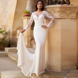 Customized  Elegant Women Jersey Mermaid Wedding Dresses 2024 Lace Long Sleeves Appliques V-neck Bridal Gowns with Butt