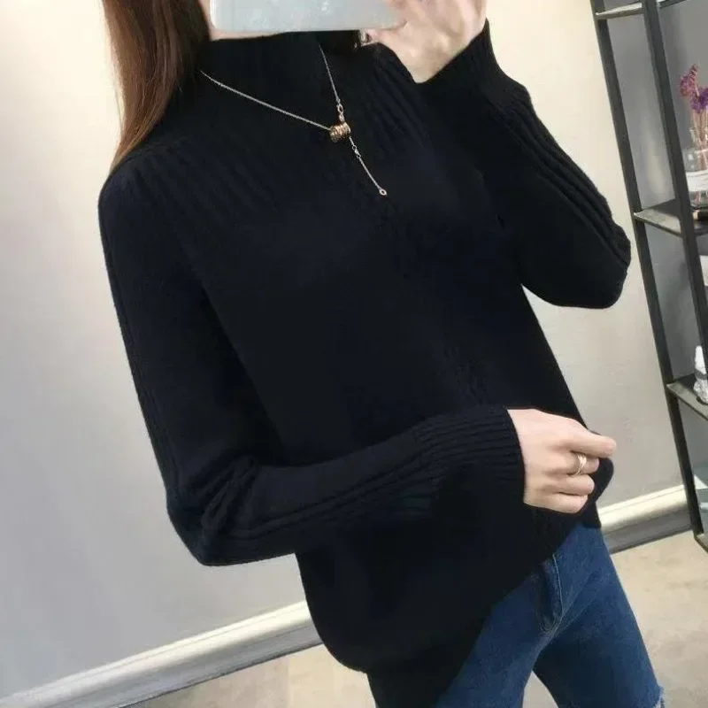 Autumn and Winter Women's Pullover High Neck Long Sleeve Solid Color Patch Screw Thread Loose Knitted Fashion Casual Tops V783