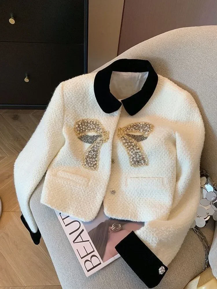 

Zoki женский элегантный твидовый жакет с бантом в Корейском стиле, милое лоскутное короткое пальто с длинными рукавами, повседневный модный дизайн, женские топы высокого качества