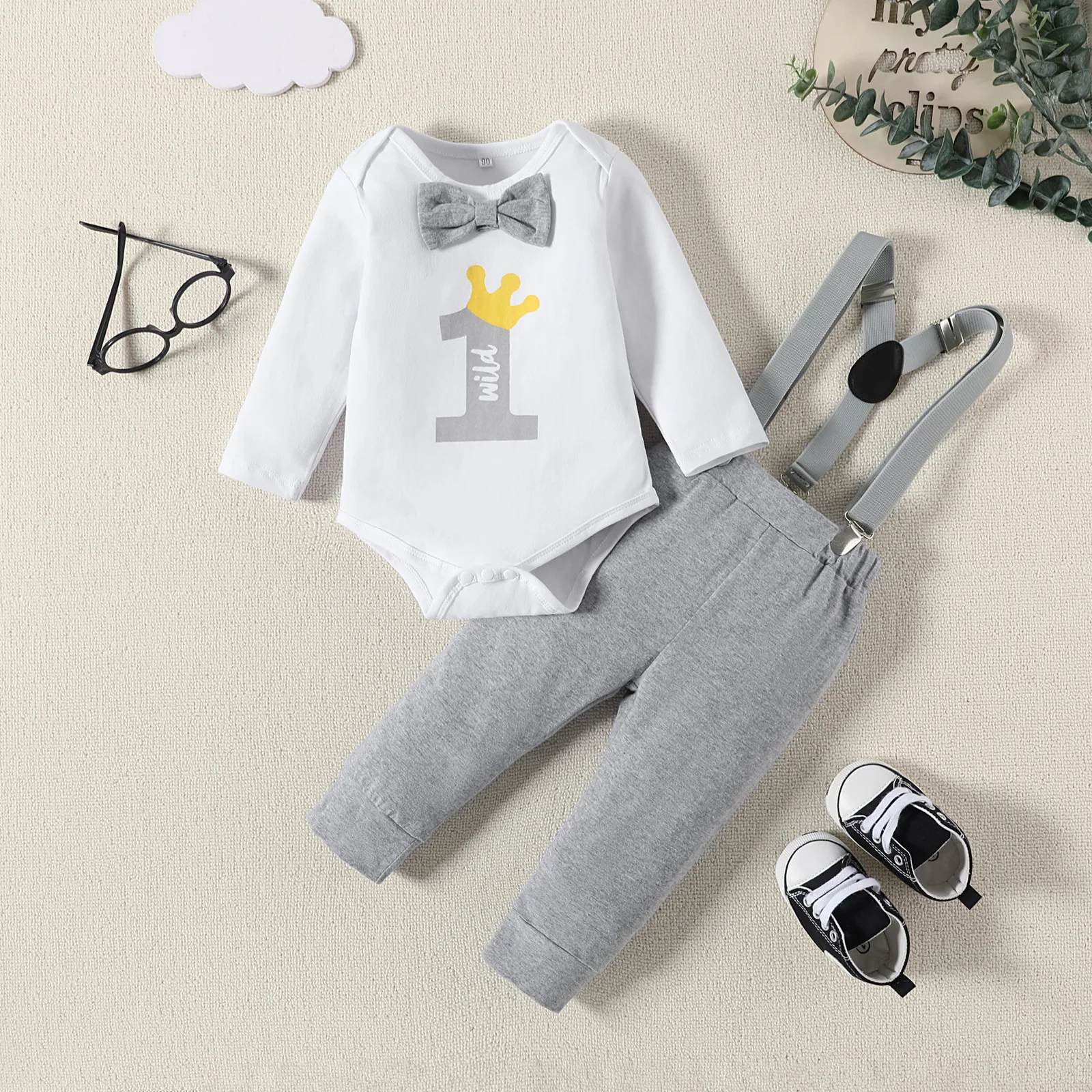 Baby Boy Clothes NO.1 Printed Romper Long Sleeve Bodysuits with Suspender Pants First Birthday Outfit for Cake Smash Photograph