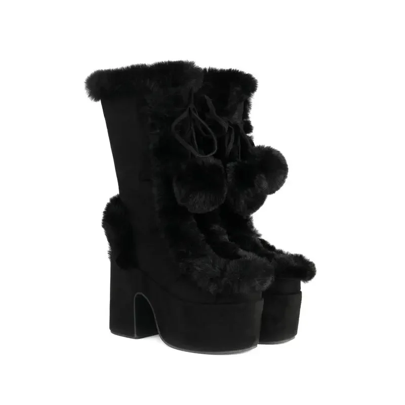 

BLXQPYT Супертеплые зимние женские меховые ботинки с помпоном на массивном высоком каблуке, белые, розовые, на платформе, для снега