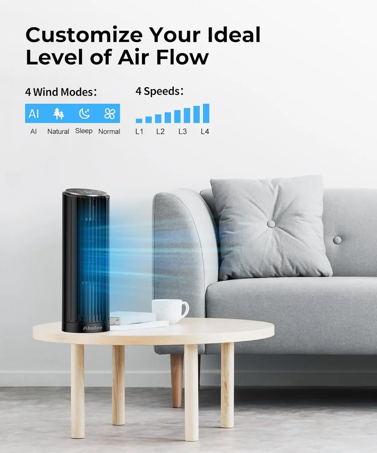 Torenventilator voor slaapkamer, 23 meter/s bureauventilator met afstandsbediening, 70 °   Oscillerende bureauventilator, 4 snelheden, 4 modi, 12 timer, 2024 nieuwe 13 '' bladloos