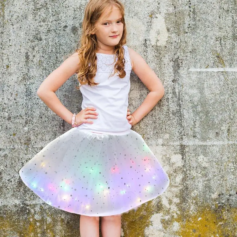 LED light tulle skirt  Princess Girls LED Light Up Stars Sequins Ballet Dance Skirts Short Ballerina Petticoat for Dance Shows