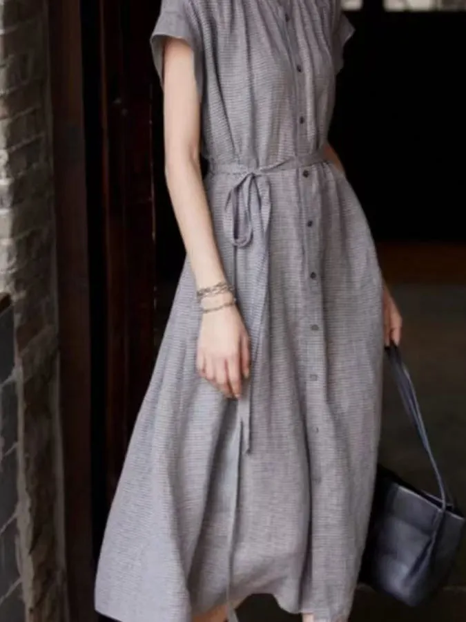 กระโปรงทรงเอเอวสูงผ้าลินินสำหรับผู้หญิง ความยาวปานกลาง เหมาะสำหรับฤดูร้อน สวมใส่สบาย ทรงเข้ารูปและบานออก ดีไซน์สวย