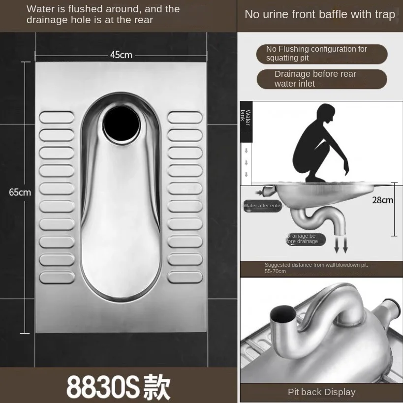 مشروع يولي المضادة للانزلاق التصميم الحديث 304 الفولاذ المقاوم للصدأ كبير الصرف الصحي استنزاف القرفصاء حفرة للمدرسة فندق KTV المراحيض #5