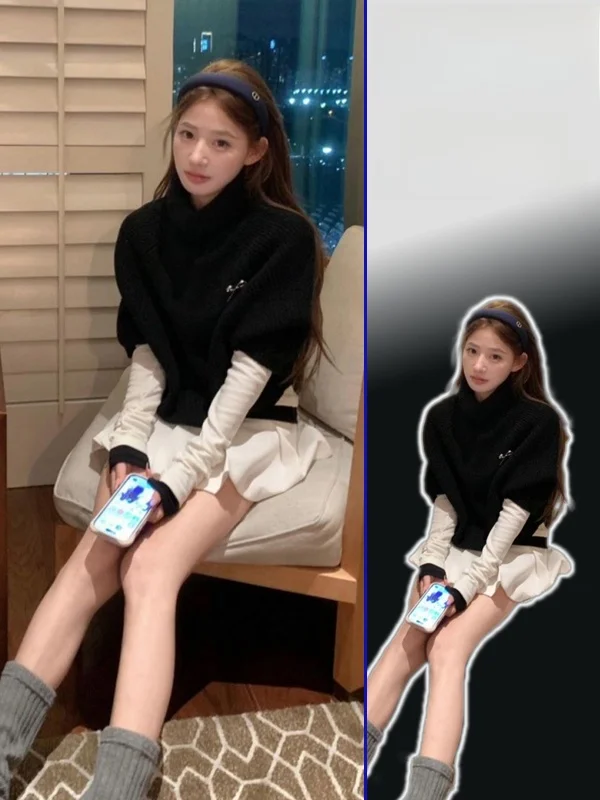 

Комплект из двух предметов: вязаная базовая футболка с высоким воротником и длинным рукавом, повседневный стиль, осень-зима