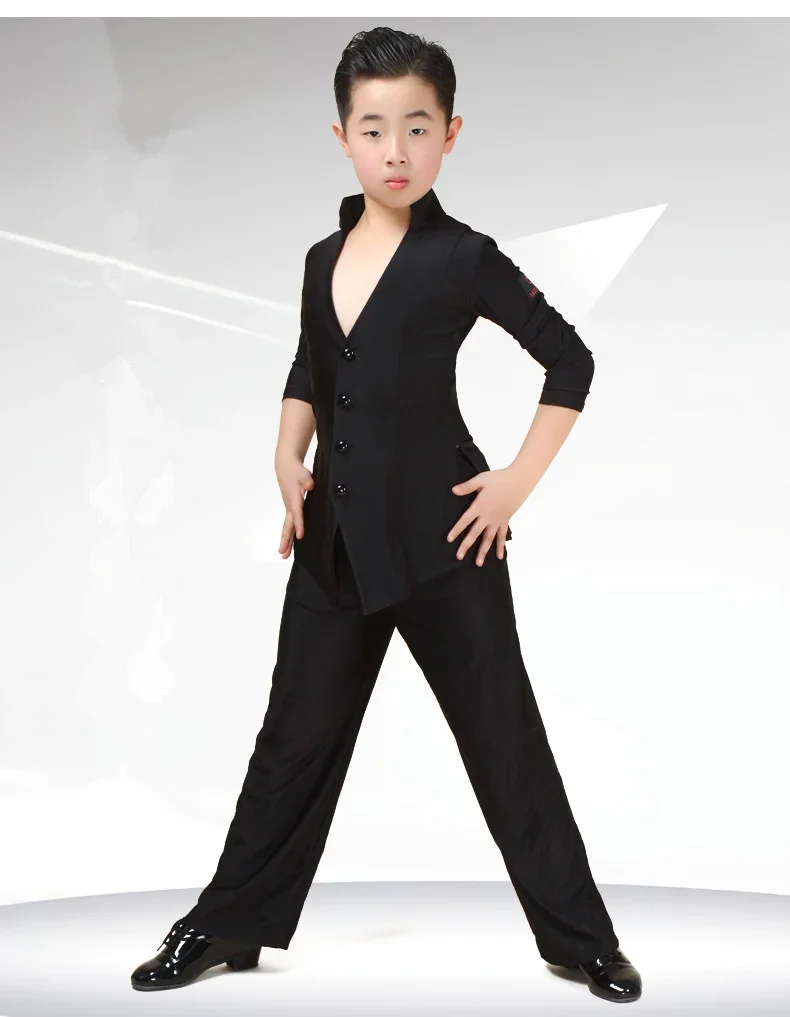 Top de baile latino para niños, camisa Sexy con cuello en V, pantalones de pierna ancha negros, trajes de competición de baile latino, ropa de Rumba