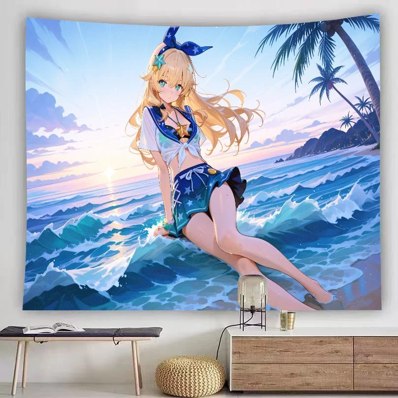Summer Beach Anime Girl Tapestry Ocean Wave Palm Tree Sunset Coast Wall Hanging Pastel Kawaii Teen Bedroom Dorm Decor Cloth