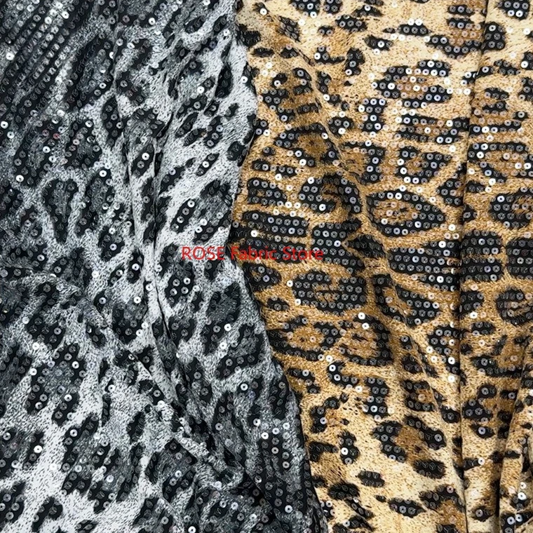1 yard Leopard print sequined embroidered elastic lace fabric for Girl Dress  Evening Dress Wedding Dress Prom