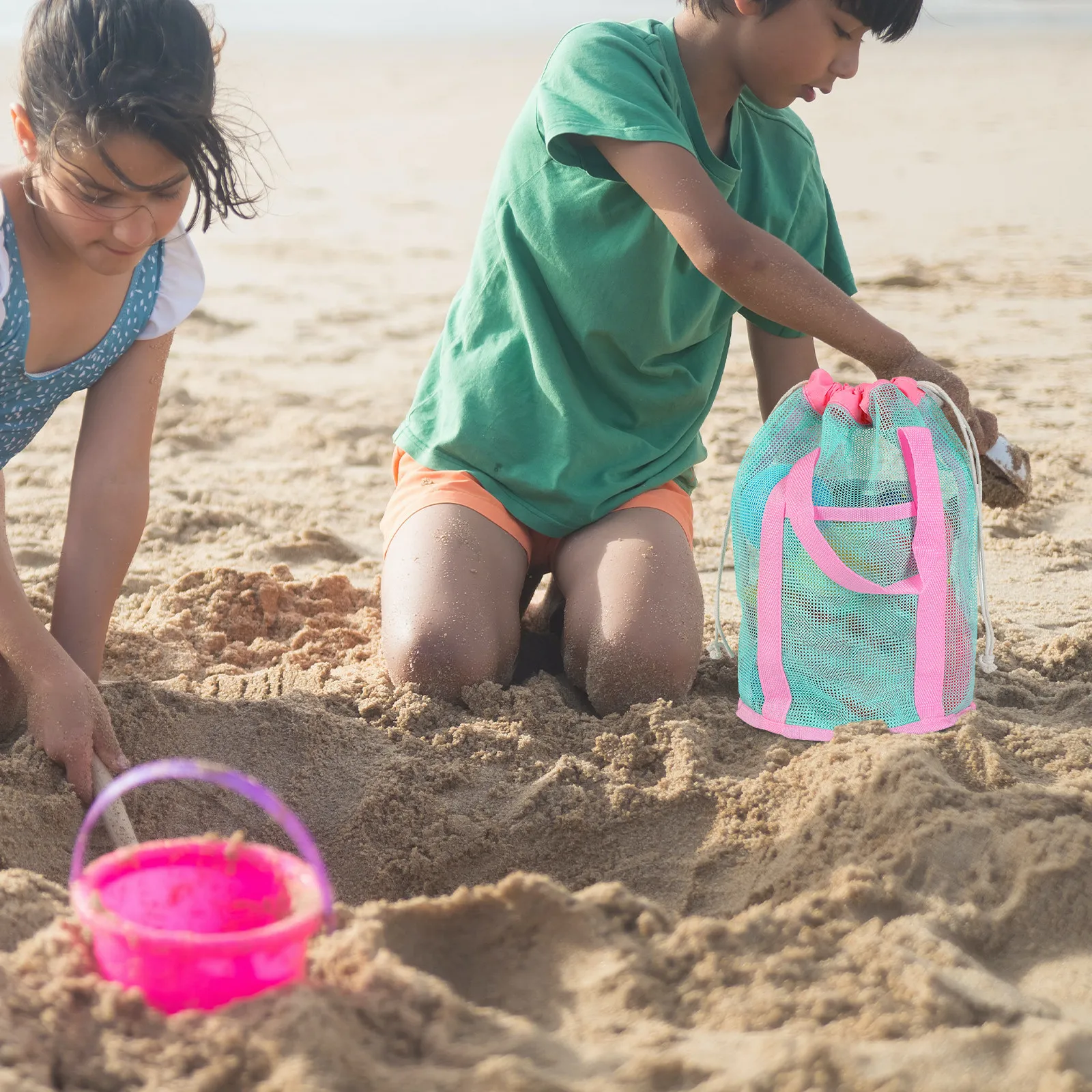 

Детская пляжная сумка-мешок на шнурке из сетки, стильная легкая нейлоновая сумка для хранения ракушек, камней, листьев, песка и инструментов